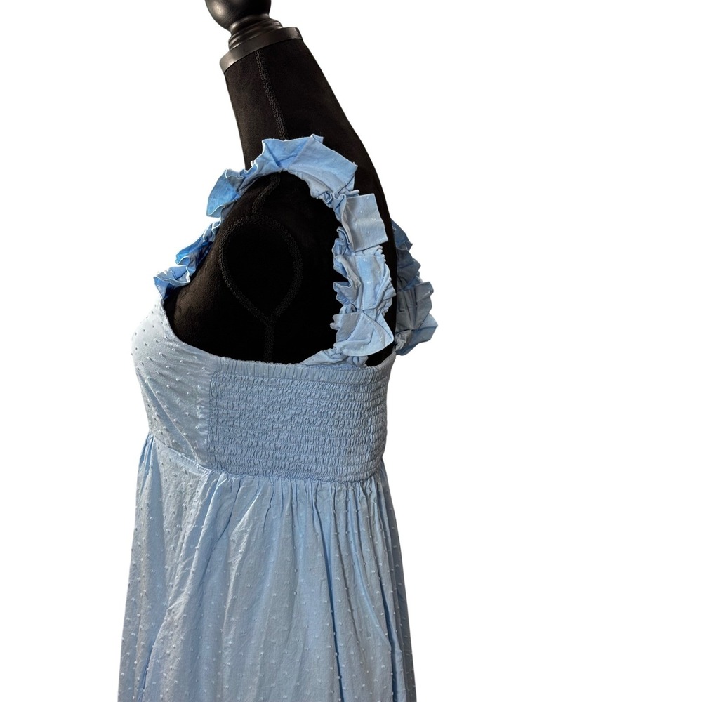 LAKE  Light Blue Swiss Dot Smocked Midi Dress Ruffle Strap‎ Square Neck - Picture 7 of 16